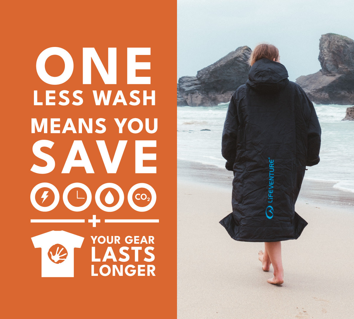 Person walking on a beach in a black Lifeventure robe alongside text highlighting Polygiene StayFresh benefits: fewer washes, saved resources, and longer-lasting gear.